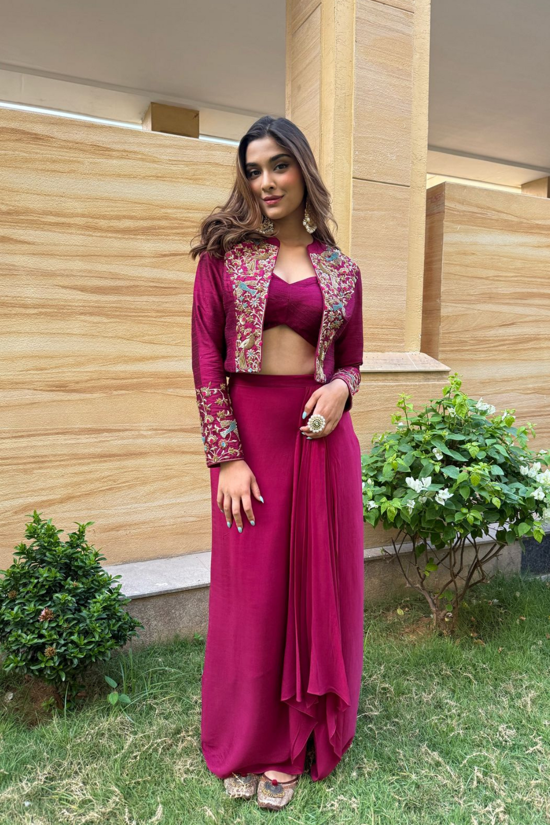 Saiee Manjrekar in  Maroon Parakeet Jacket Set