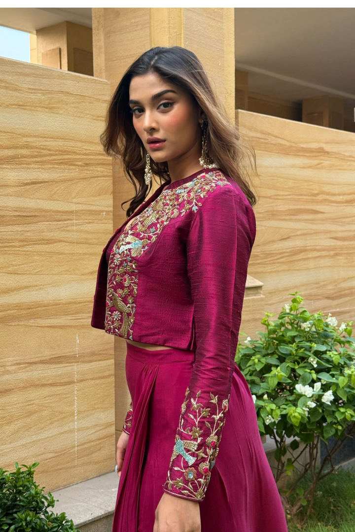 Saiee Manjrekar in  Maroon Parakeet Jacket Set