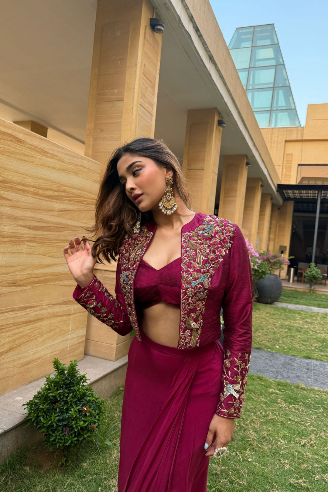 Saiee Manjrekar in  Maroon Parakeet Jacket Set