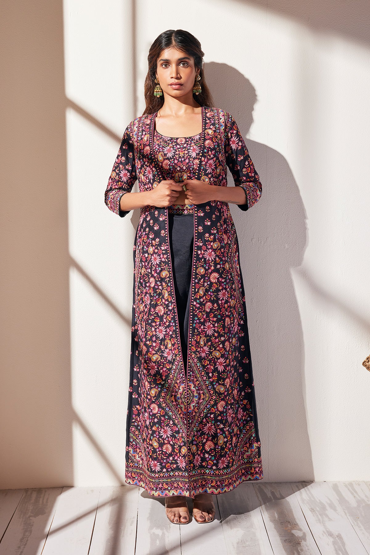 Black Kashmiri Jacket Set - Main Image