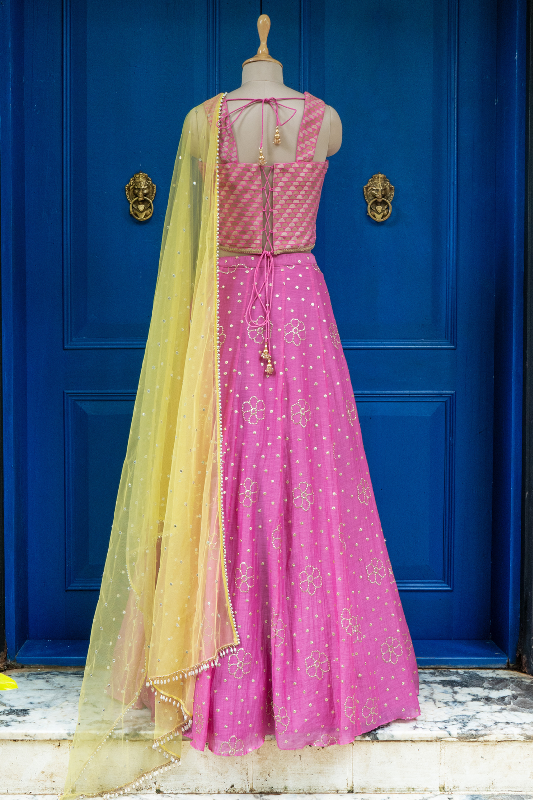 Pink brocade corset rushing skirt