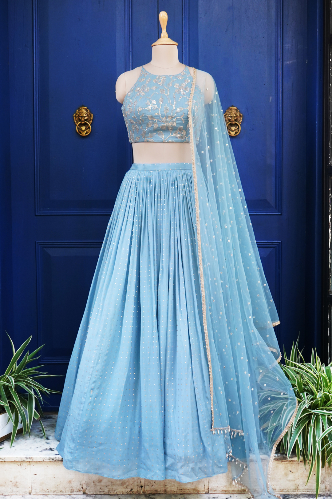Blue rushing  lehenga skirt