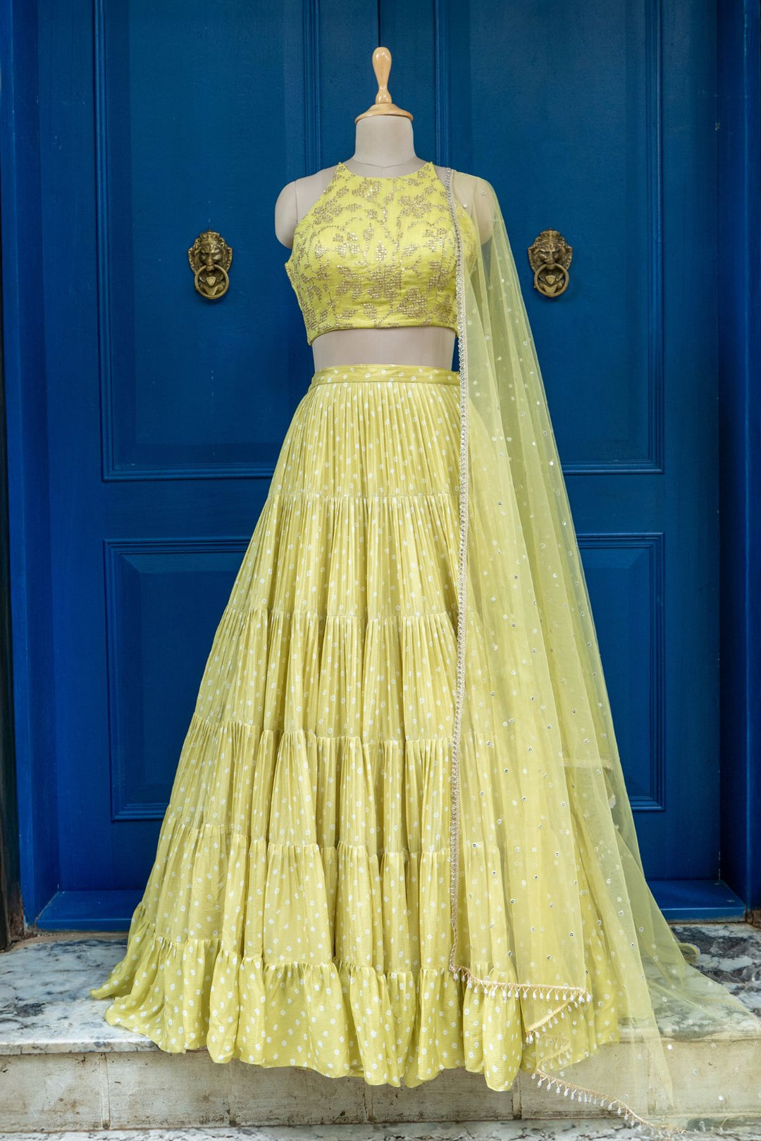 Green bandhani fiza frill skirt