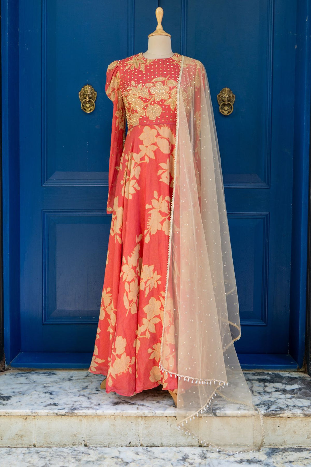 Rust Floral printed gown set