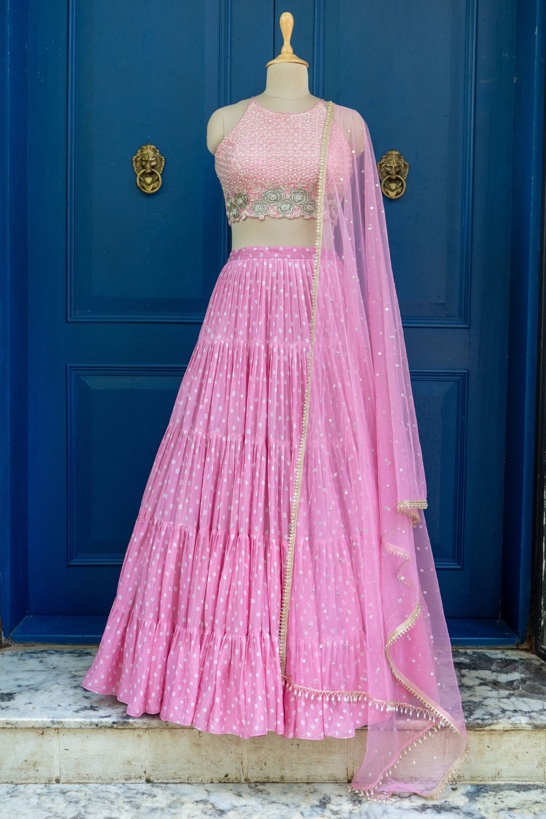 Pink bhandhani sara frill skirt