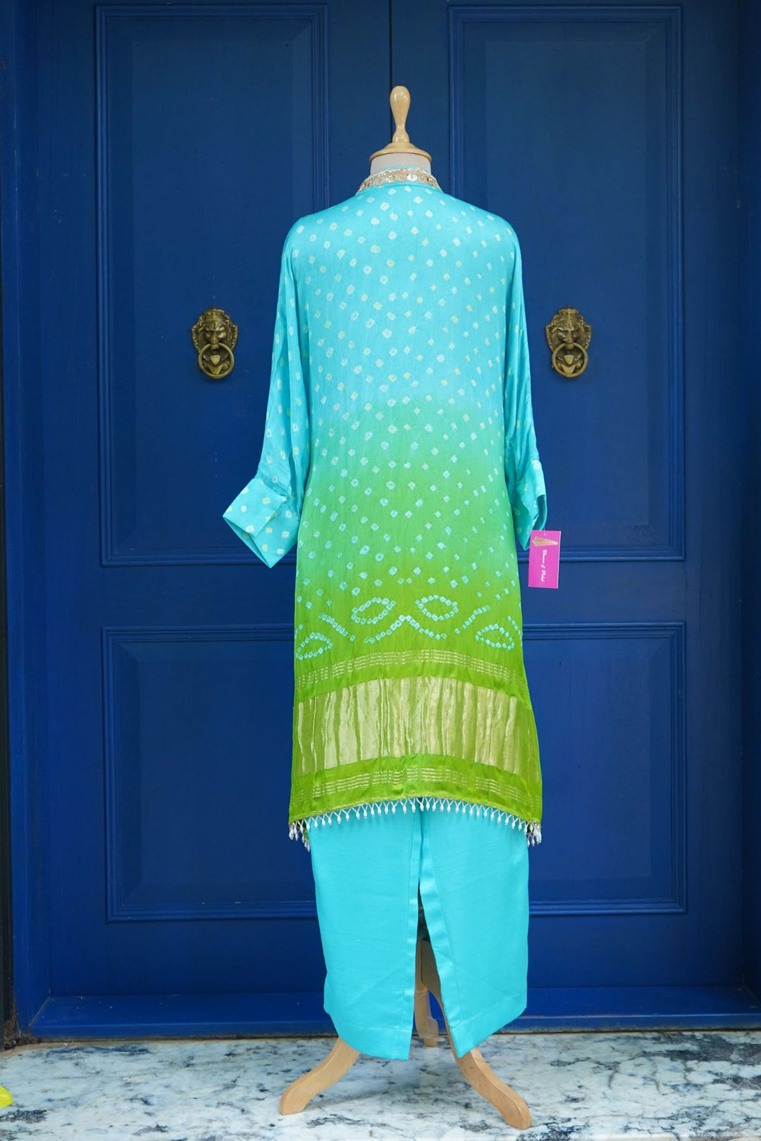 Turquois and green shaded Bandhani tunic set