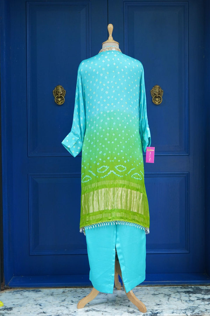 Turquois and green shaded Bandhani tunic set