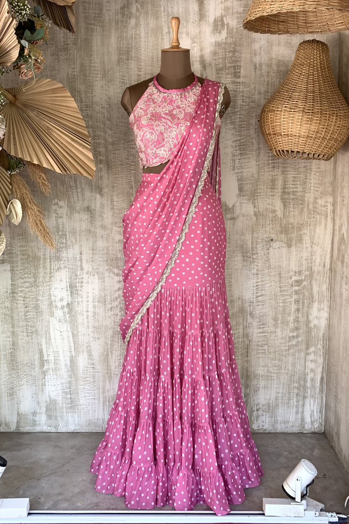 Pink lara bandhani saree