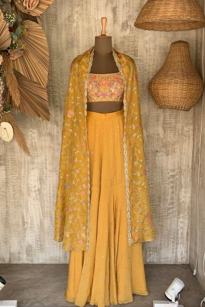 Yellow floral cape with sharara set