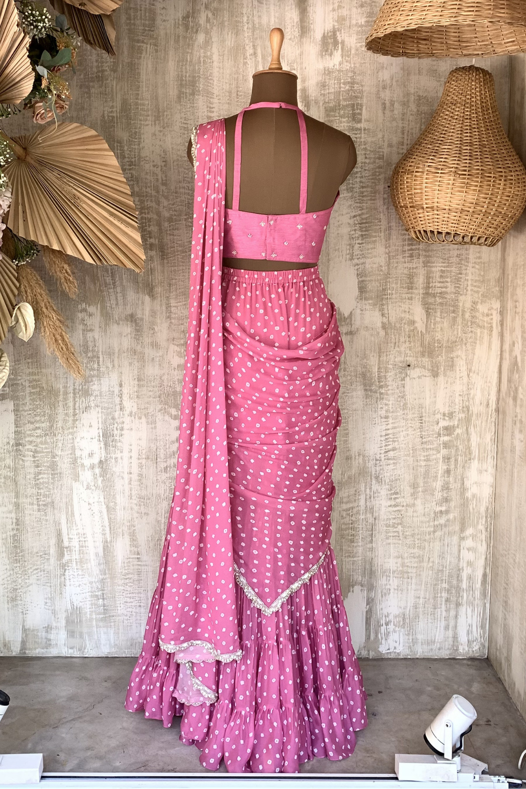 Pink lara bandhani saree
