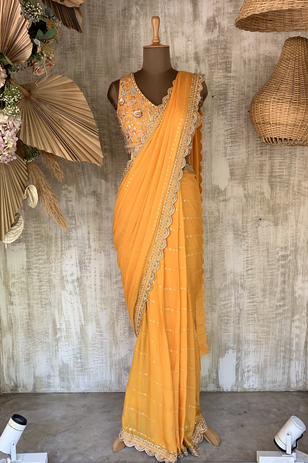 yellow pre drape saree