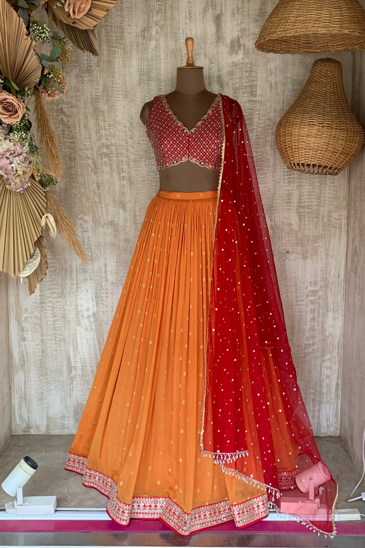 Rust Mala Jamewar Skirt Set