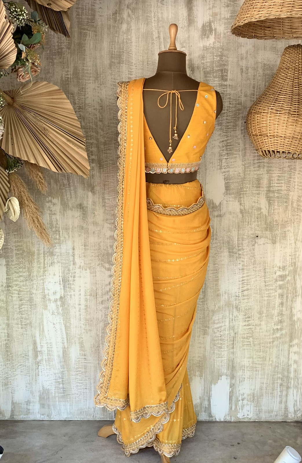 yellow pre drape saree