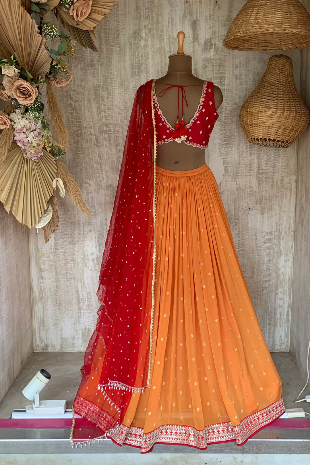 Rust Mala Jamewar Skirt Set