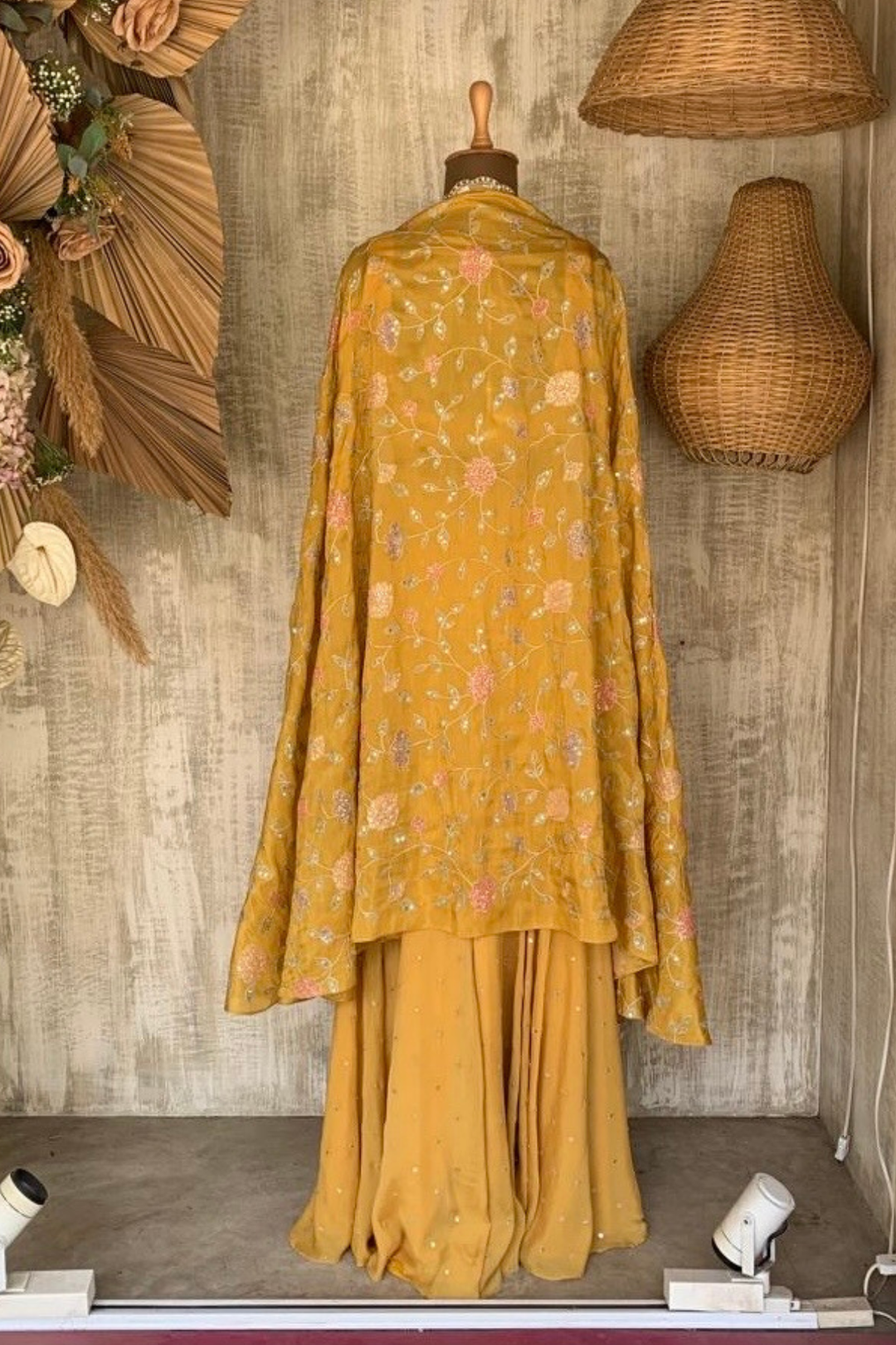 Yellow floral cape with sharara set