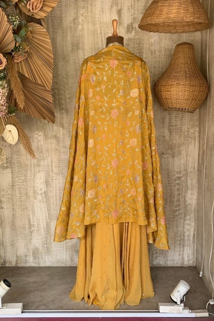 Yellow floral cape with sharara set