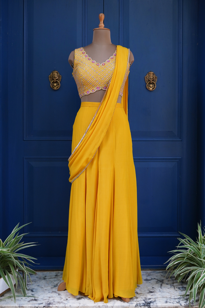 Yellow Amira Pre-drape saree