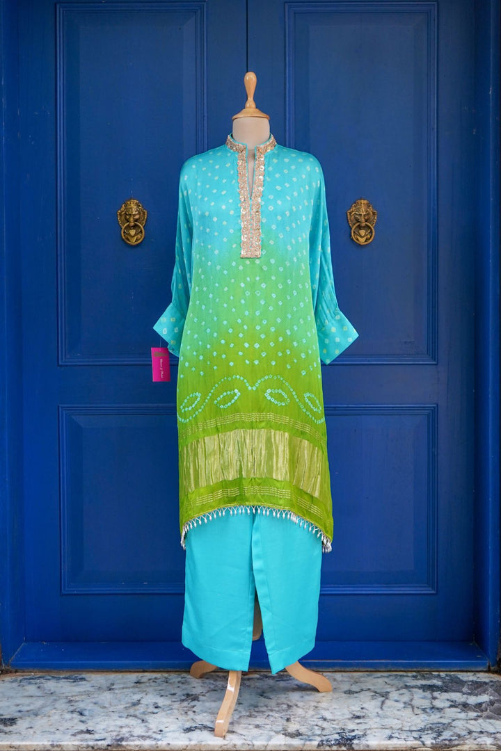 Turquois and green shaded Bandhani tunic set