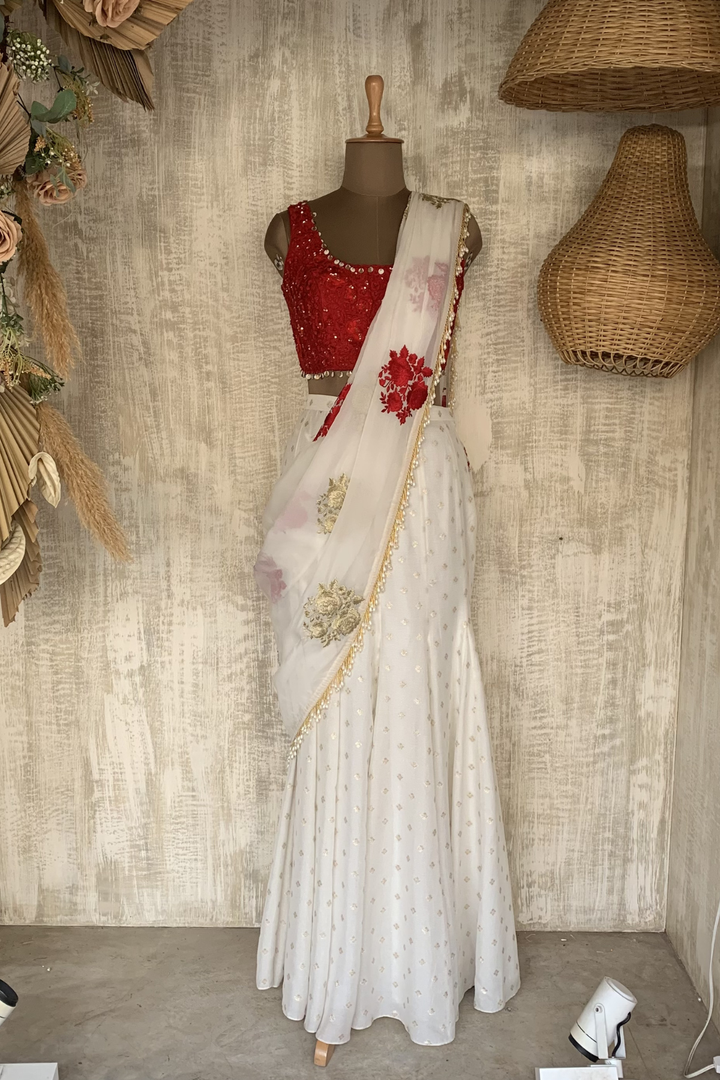 Ivory and Red gusset saree