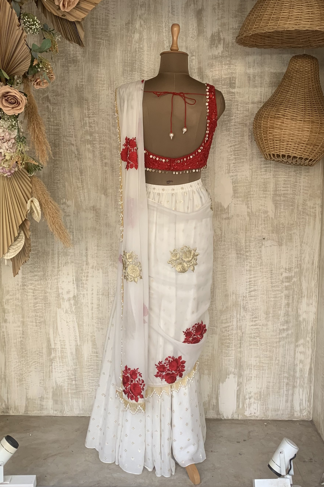 Ivory and Red gusset saree