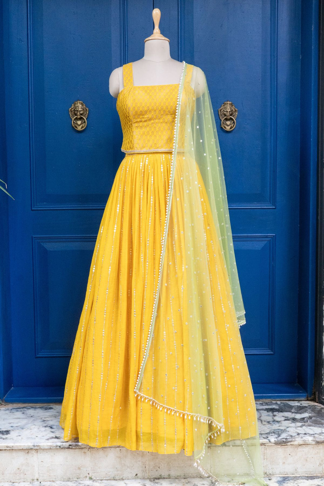 Yellow Brocade Corset Rushing Skirt