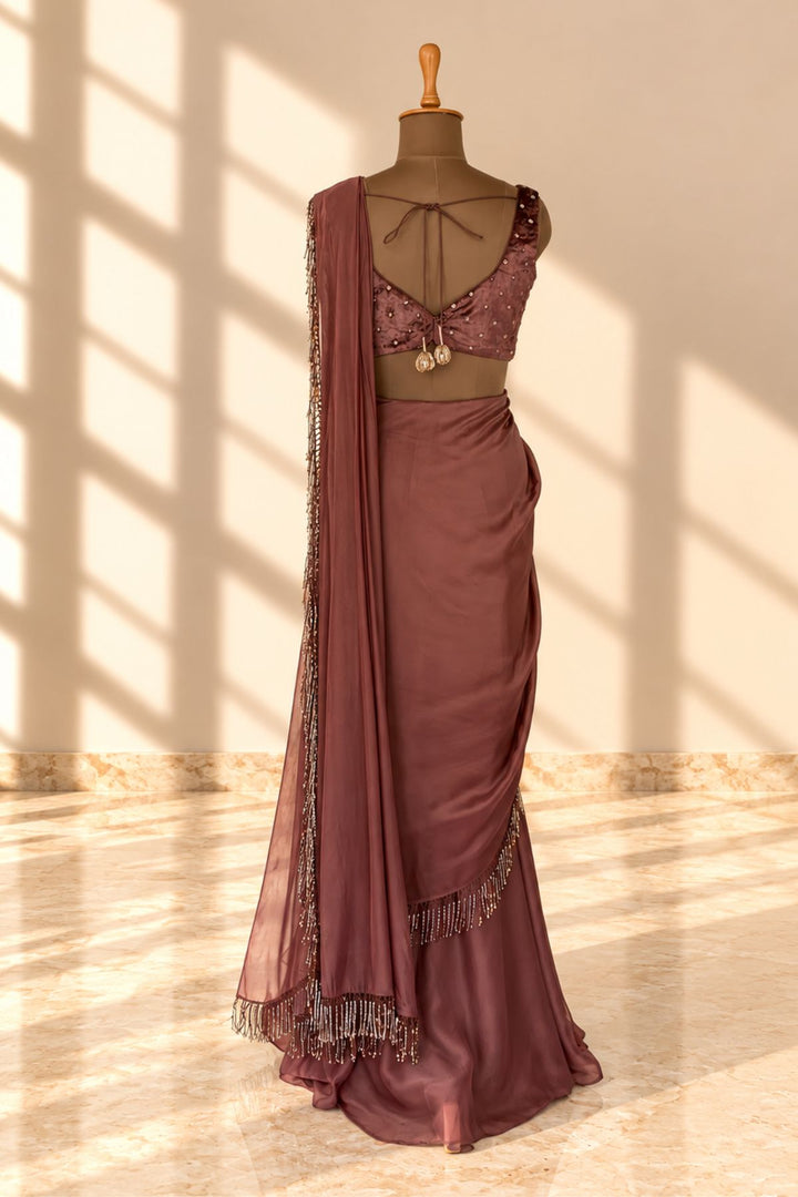 Brown Cascade Saree