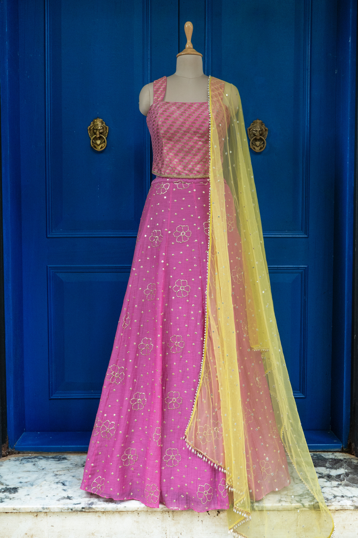 Pink brocade corset rushing skirt
