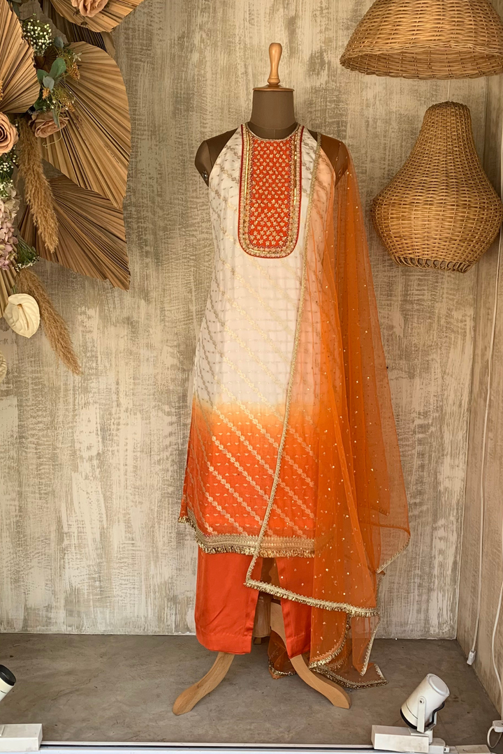 Ivory to Orange Ombre Kurta Set