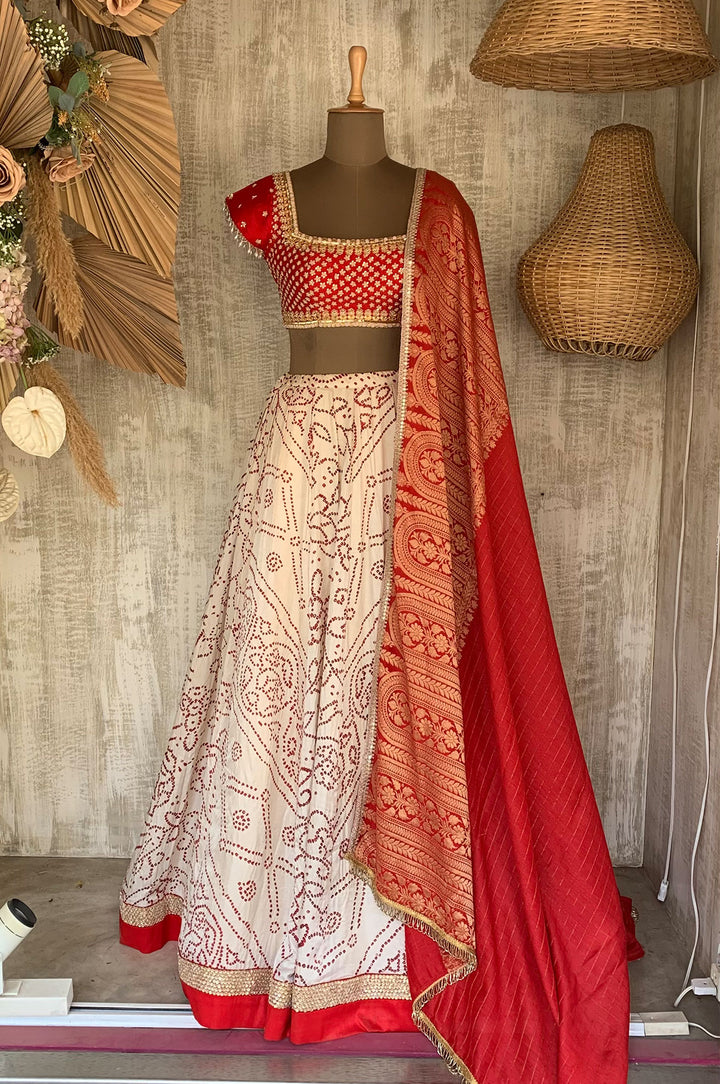 IVORY & RED BANDHANI LEHENGA SET