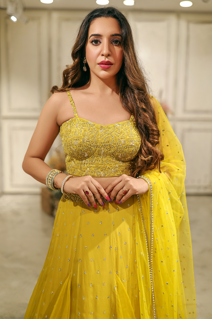 Silkeena in Yellow Waterfall Lehenga