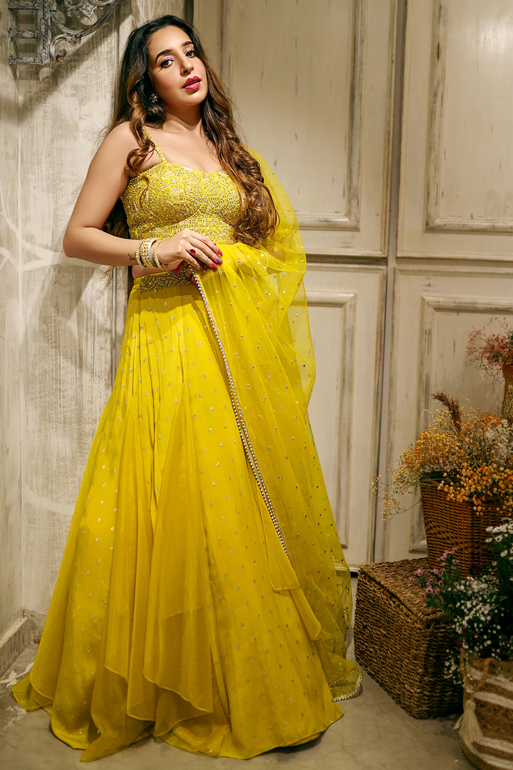Silkeena in Yellow Waterfall Lehenga